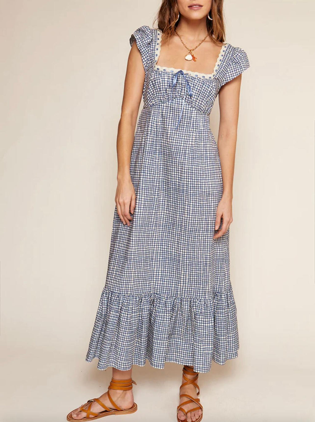 Stitching Puff Sleeve Plaid Waist Tight Drawstring Patchwork Maxi