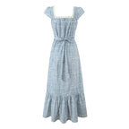 Stitching Puff Sleeve Plaid Waist Tight Drawstring Patchwork Maxi