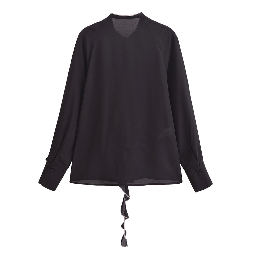 Women's Design Contrast Color Layered Decorative Long Sleeved Shirt Spring Loose Figure Flattering Graceful Tops