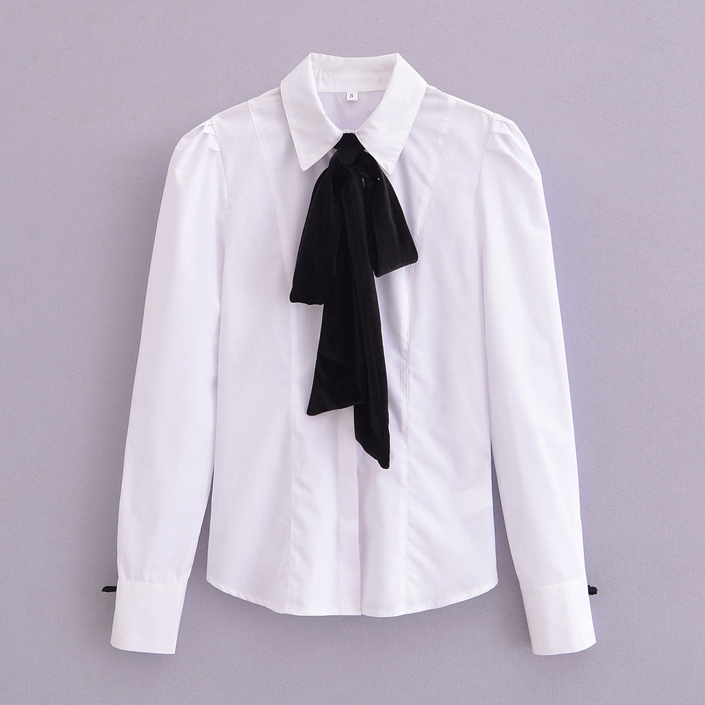Women's Winter Women Clothing Velvet Bowknot Decoration Office Shirt