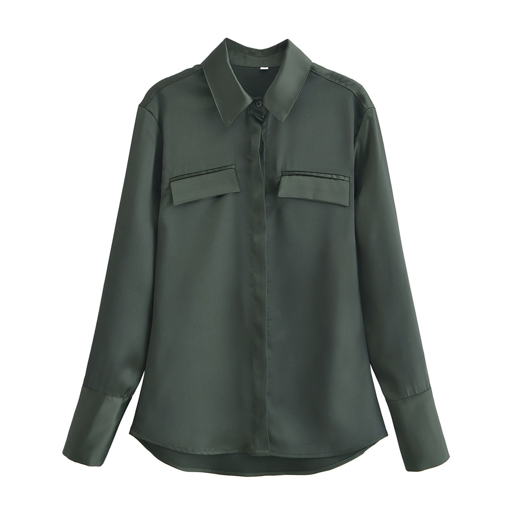 Women's Women Clothing Spring Street Casual Pocket Satin Shirt