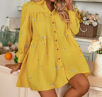 Polo Collar Long-Sleeve Single Breasted Embroidered Shirt Dress