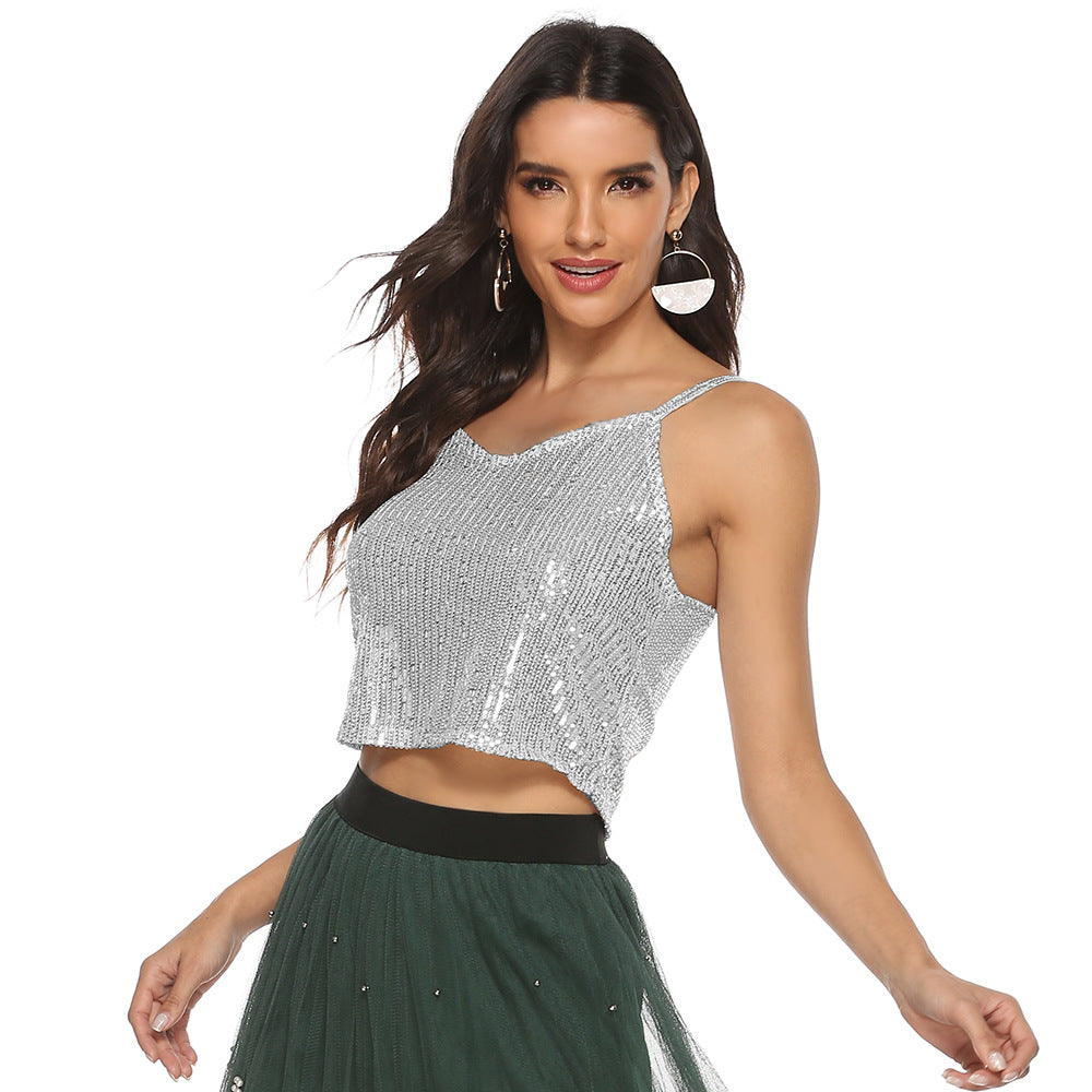 Women's Sequin V-Neck Cropped Camisole Top