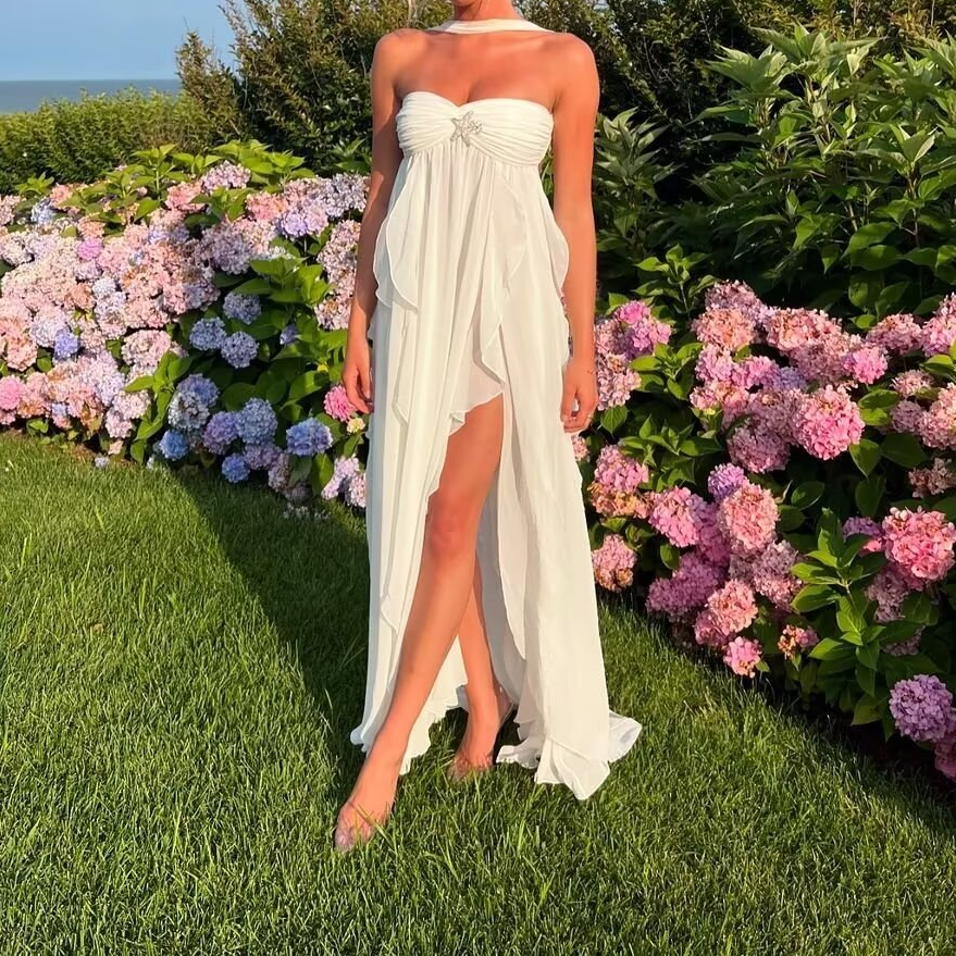 Pullover Backless Halter Irregular Asymmetric Pleated Chiffon Maxi Dress