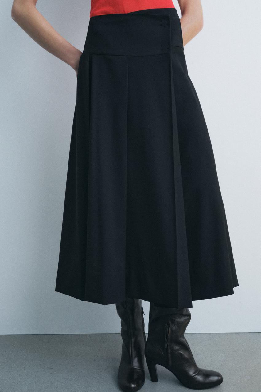 Autumn Winter Graceful Two Color Wide Pleated Midi Skirt