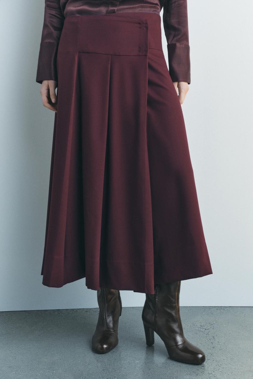 Autumn Winter Graceful Two Color Wide Pleated Midi Skirt