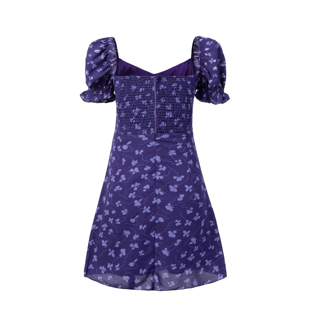 Women's Square-Neck Floral Ruffle Smocked Tie Puff-Sleeve A-Line Mini Dress