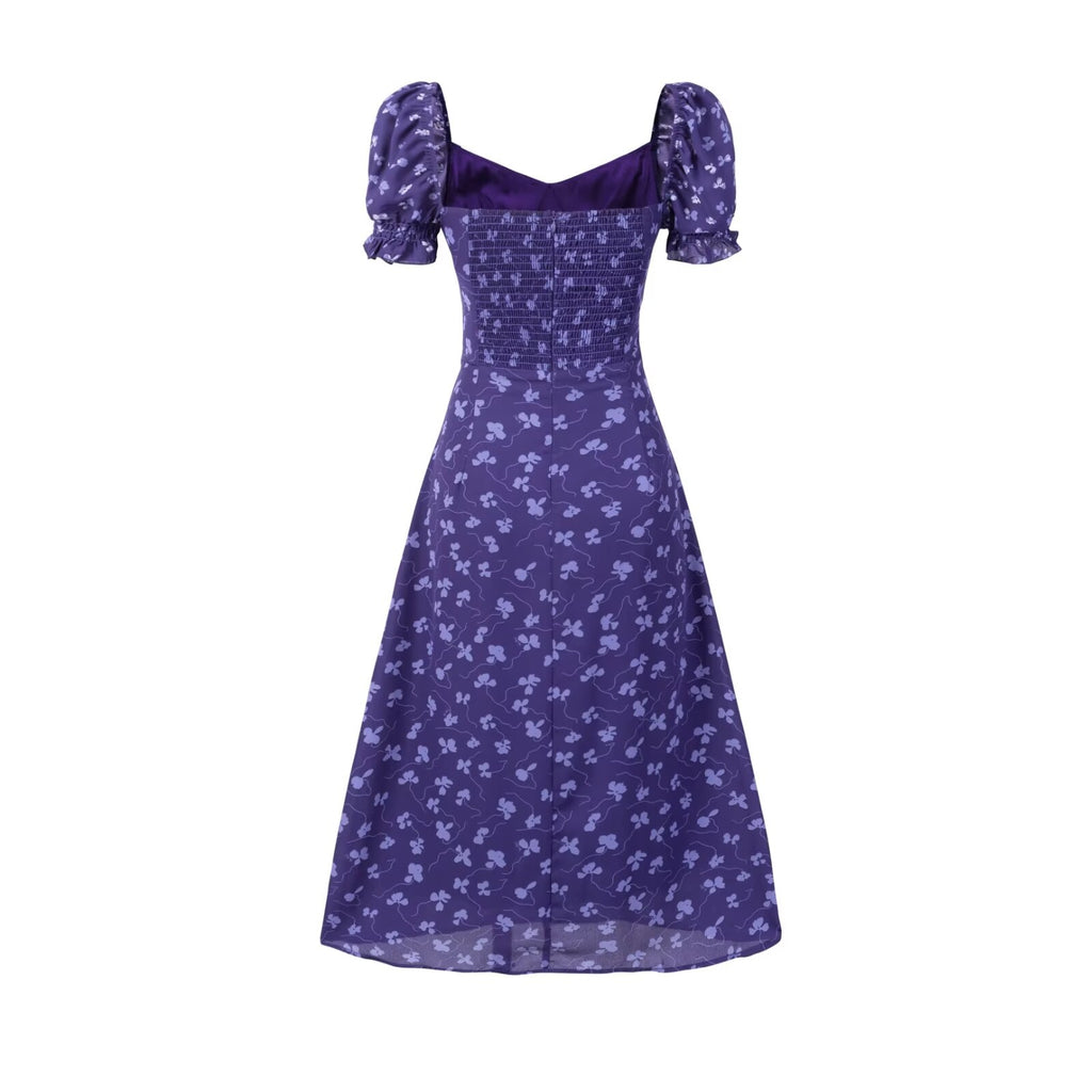 Women's V-Neck Floral Ruffle Smocked Tie Puff-Sleeve A-Line Midi Dress