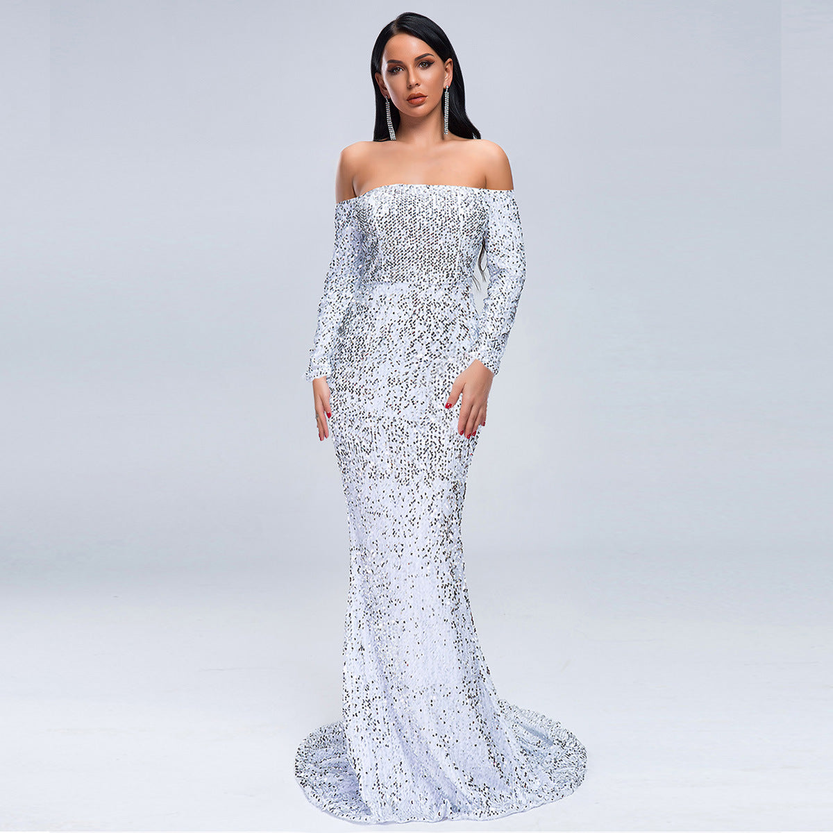 Women's Tube Top Off-Shoulder Long Sleeve Sequined Party Evening Dress