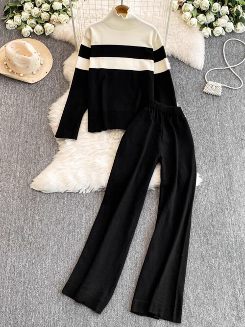 Casual Fashionable Knitted Suit In Autumn Winter Loose Long-Sleeve Contrasting Top High-Waisted Slimming Wide Leg Long Pants