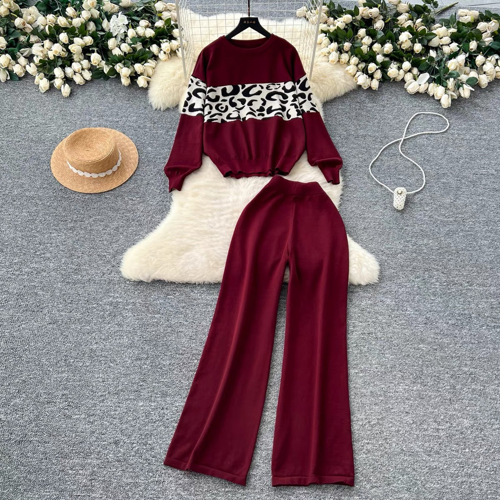 Lazy Versatile Pullover Round Neck Leopard Print Knitted Top Autumn Winter Two-Piece Set High-Waisted Wide Leg Casual Pants