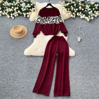 Lazy Versatile Pullover Round Neck Leopard Print Knitted Top Autumn Winter Two-Piece Set High-Waisted Wide Leg Casual Pants
