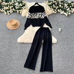 Lazy Versatile Pullover Round Neck Leopard Print Knitted Top Autumn Winter Two-Piece Set High-Waisted Wide Leg Casual Pants