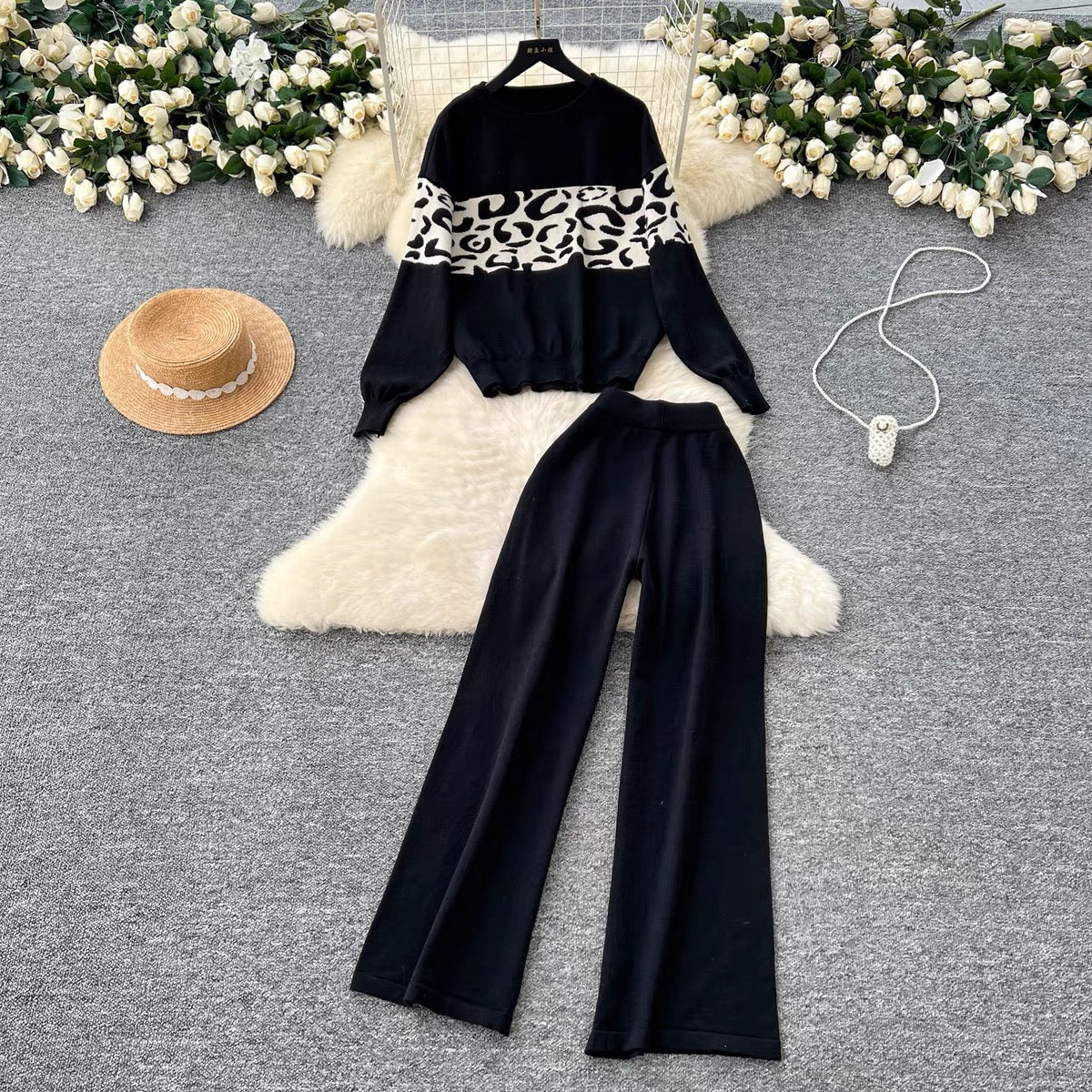 Lazy Versatile Pullover Round Neck Leopard Print Knitted Top Autumn Winter Two-Piece Set High-Waisted Wide Leg Casual Pants
