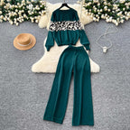 Lazy Versatile Pullover Round Neck Leopard Print Knitted Top Autumn Winter Two-Piece Set High-Waisted Wide Leg Casual Pants