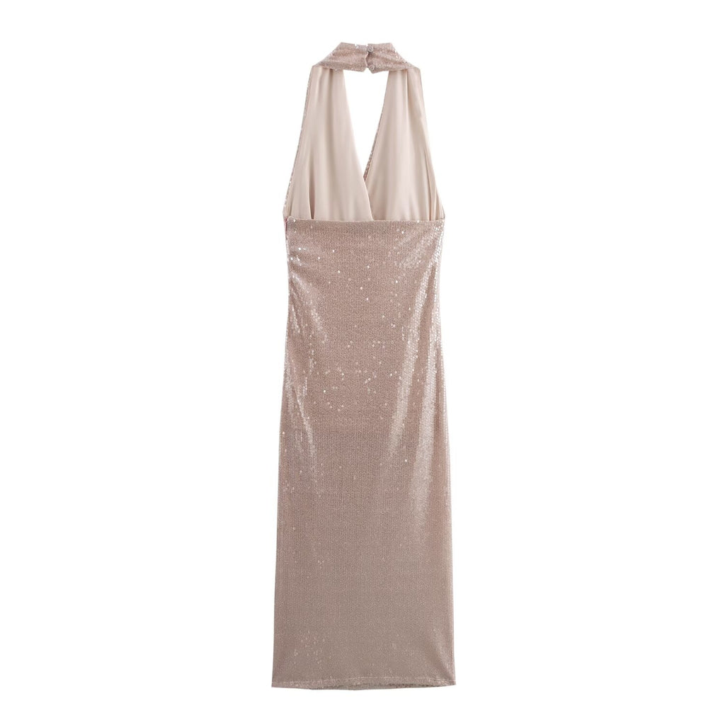 Sequin Halter Backless Bodycon Maxi Dress