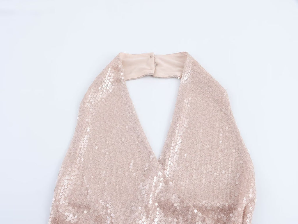 Sequin Halter Backless Bodycon Maxi Dress