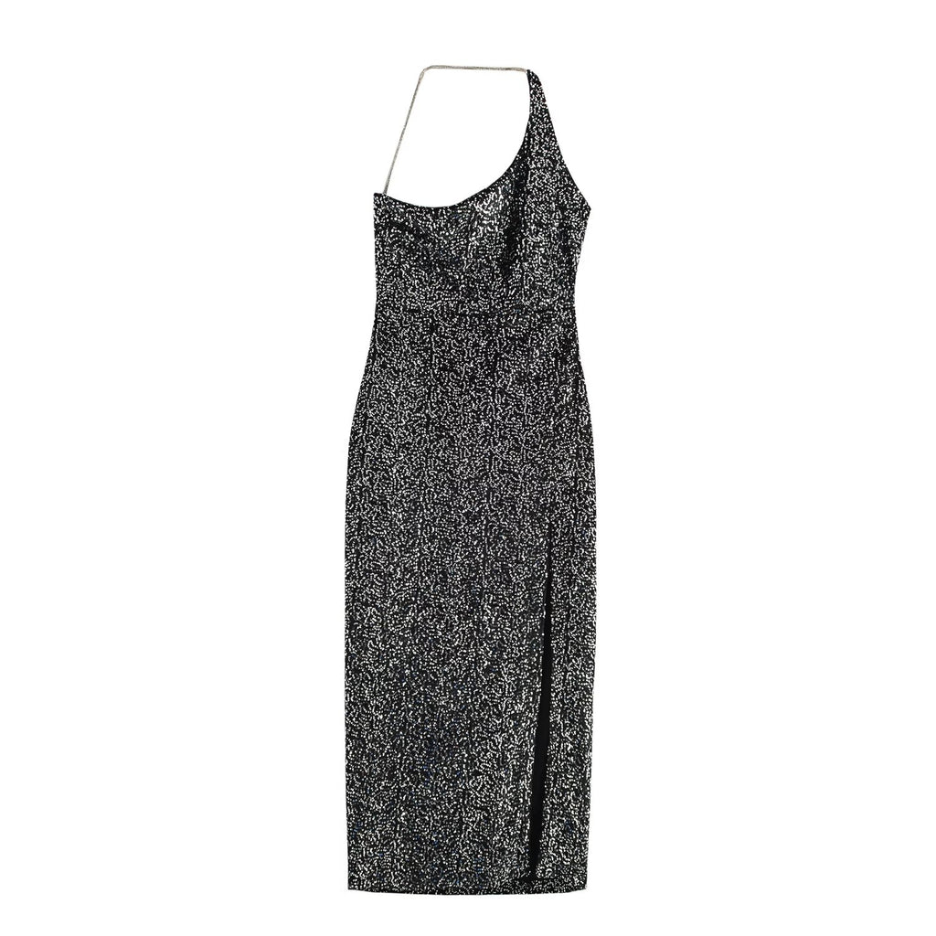 One-Shoulder Sequin Rhinestone Split Maxi Dress