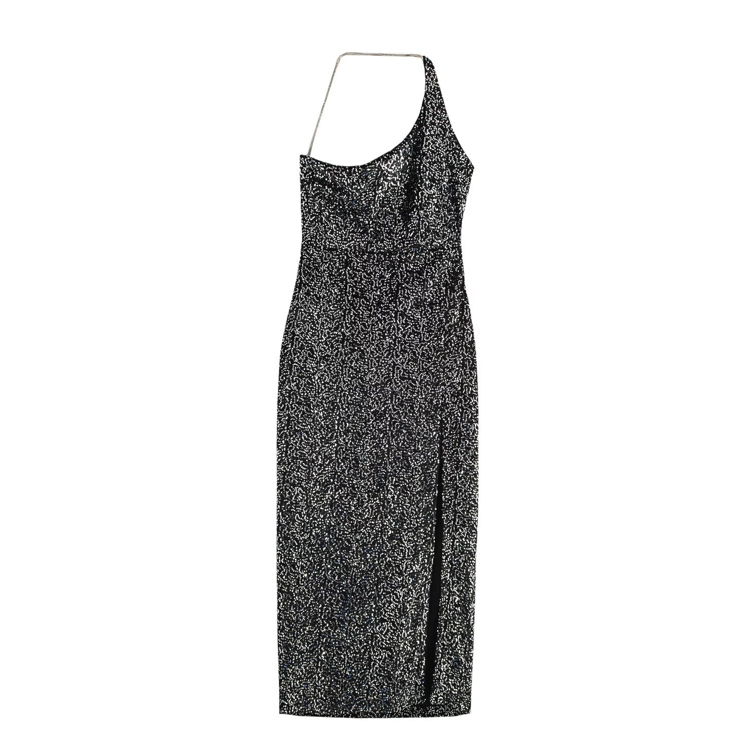 One-Shoulder Sequin Rhinestone Split Maxi Dress