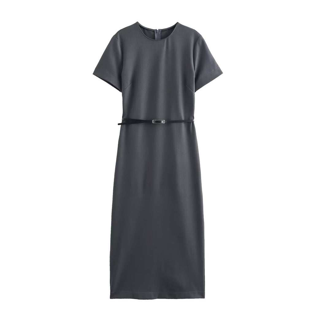 Crew-Neck Belted Short-Sleeve A-Line Midi Dress