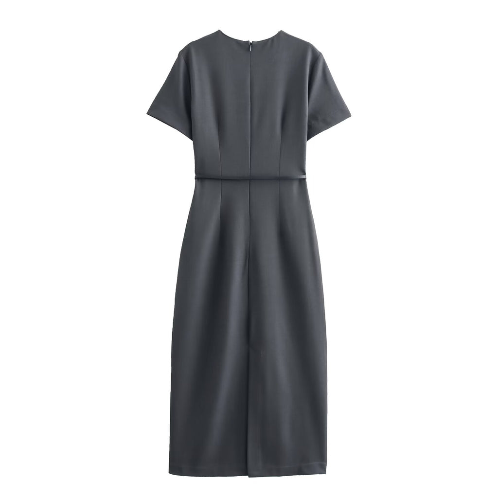 Crew-Neck Belted Short-Sleeve A-Line Midi Dress