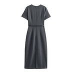 Crew-Neck Belted Short-Sleeve A-Line Midi Dress