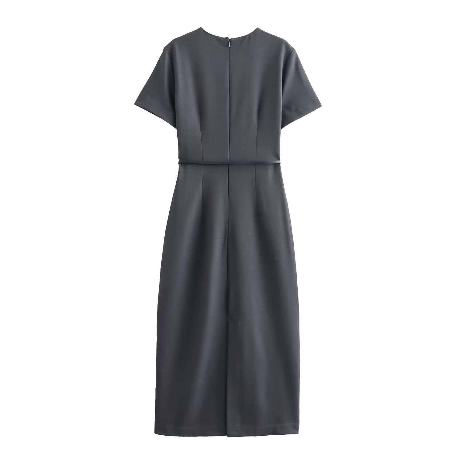 Crew-Neck Belted Short-Sleeve A-Line Midi Dress