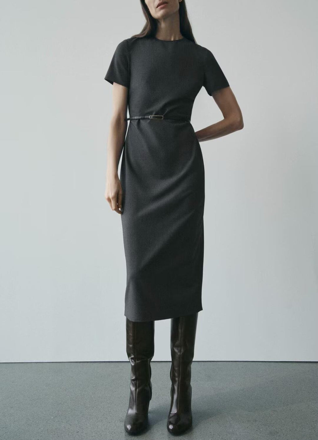 Crew-Neck Belted Short-Sleeve A-Line Midi Dress