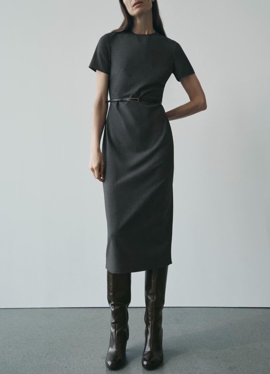 Crew-Neck Belted Short-Sleeve A-Line Midi Dress