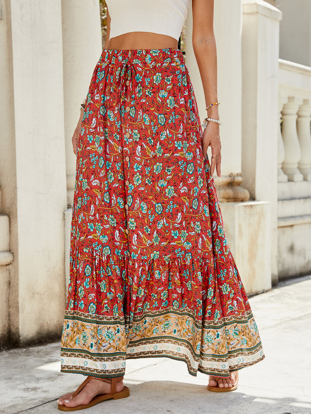 Summer High Waisted Print Breasted Split Skirt