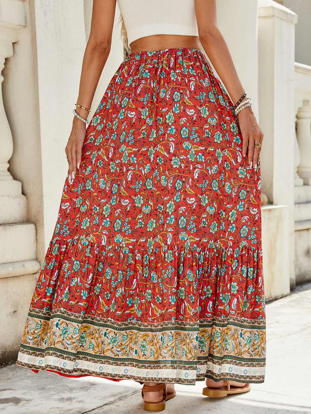 Summer High Waisted Print Breasted Split Skirt