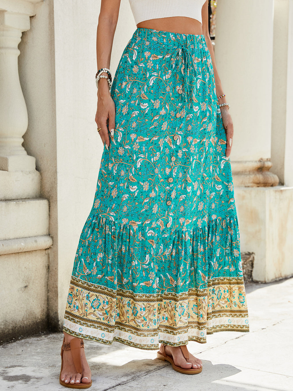 Summer High Waisted Print Breasted Split Skirt