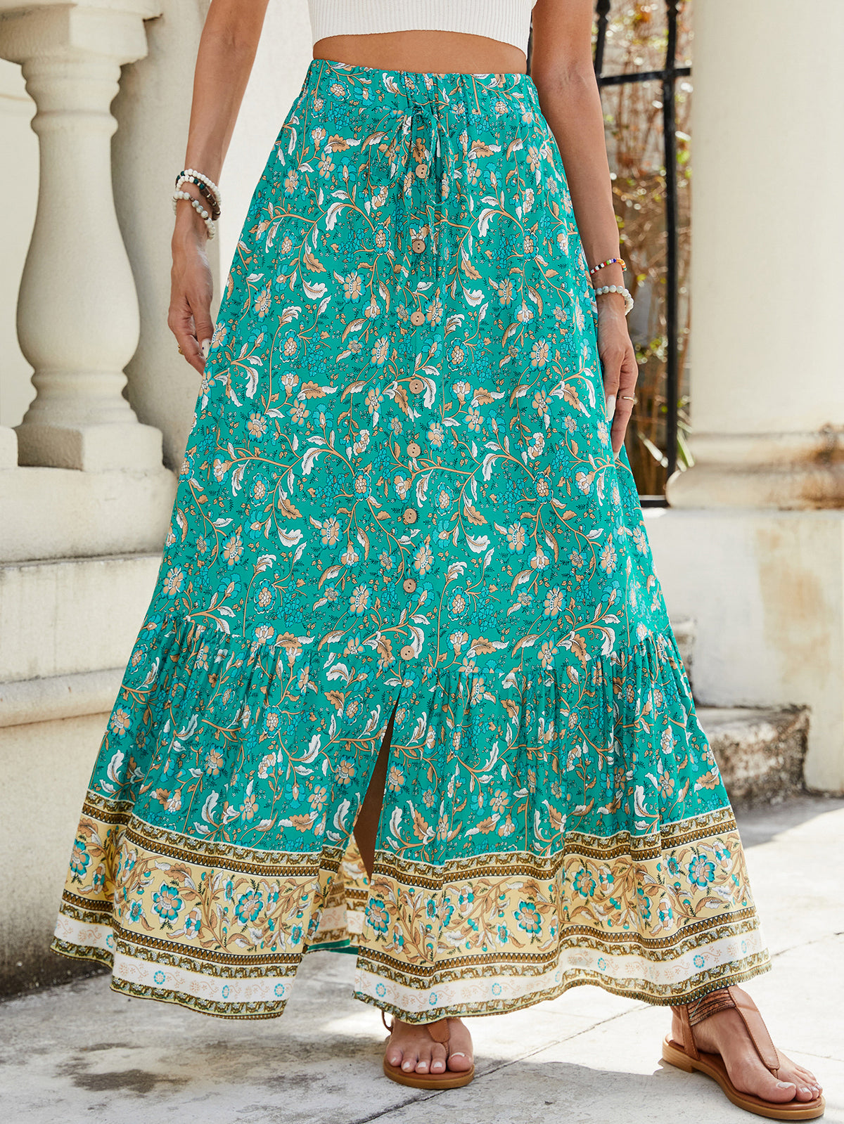 Summer High Waisted Print Breasted Split Skirt