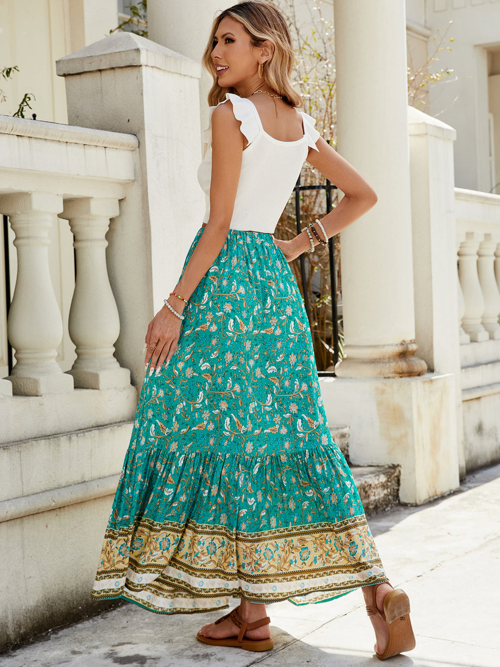 Summer High Waisted Print Breasted Split Skirt
