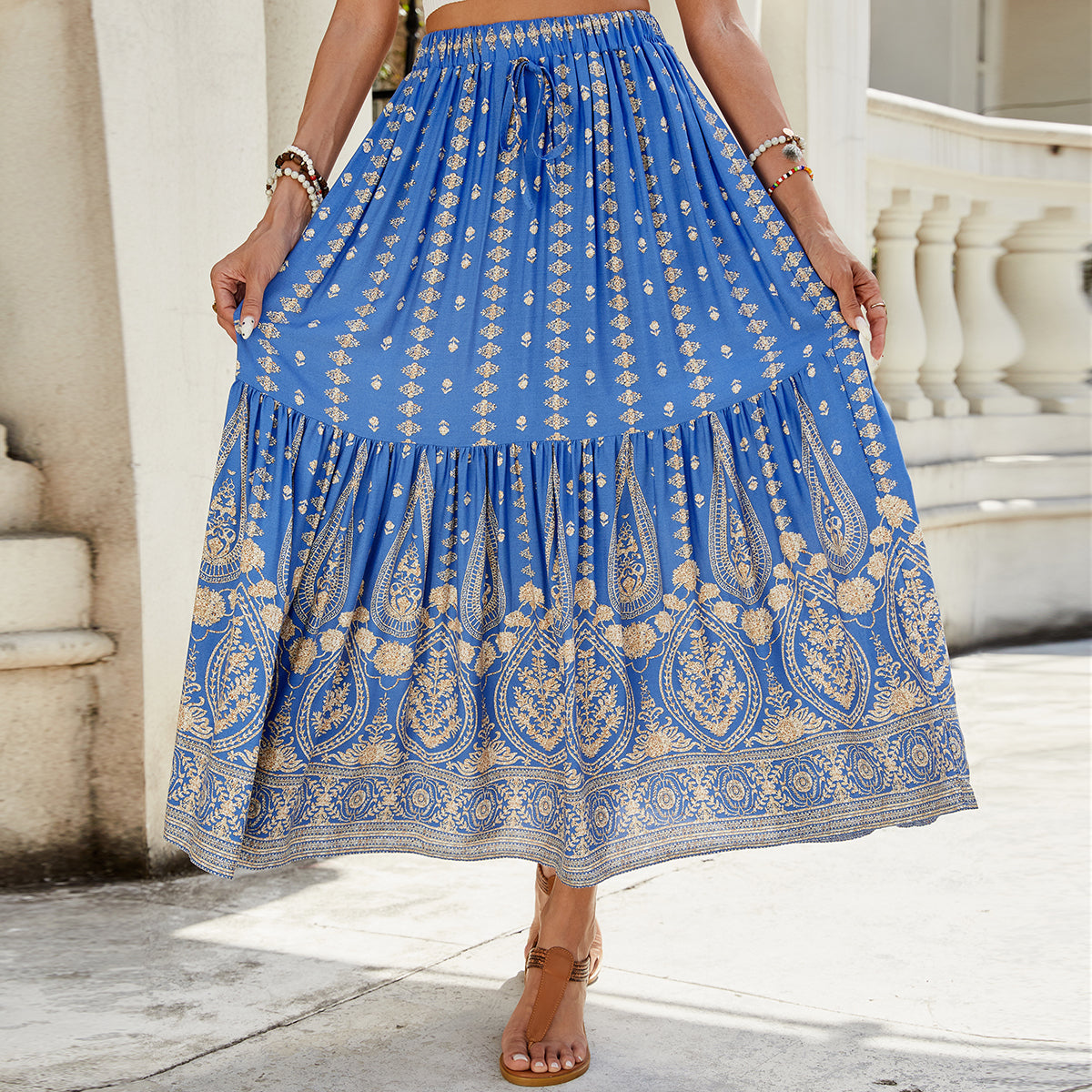 Women's Summer High Waisted Print Breasted A Line Skirt