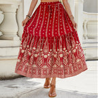 Women's Summer High Waisted Print Breasted A Line Skirt