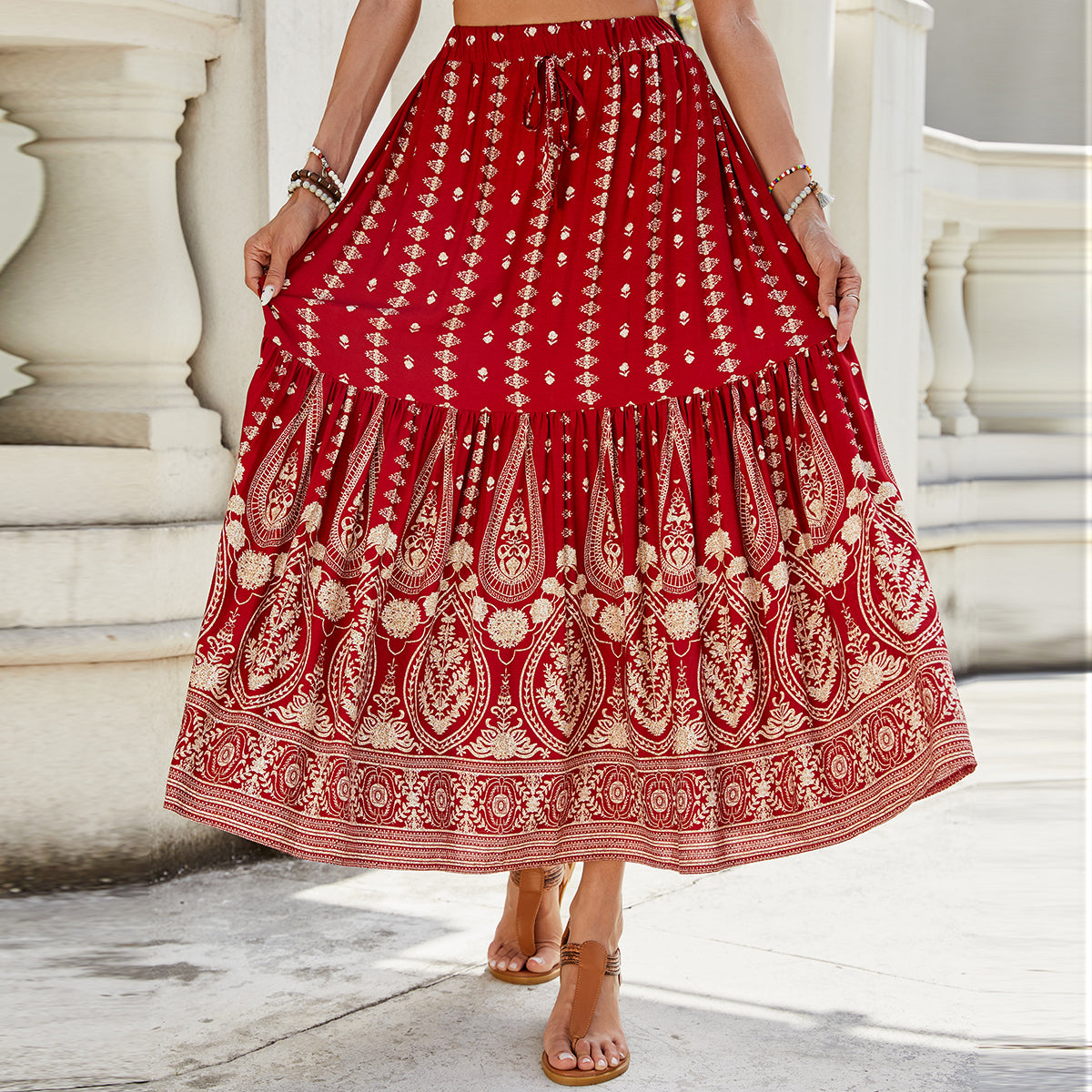 Women's Summer High Waisted Print Breasted A Line Skirt