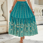 Women's Summer High Waisted Print Breasted A Line Skirt