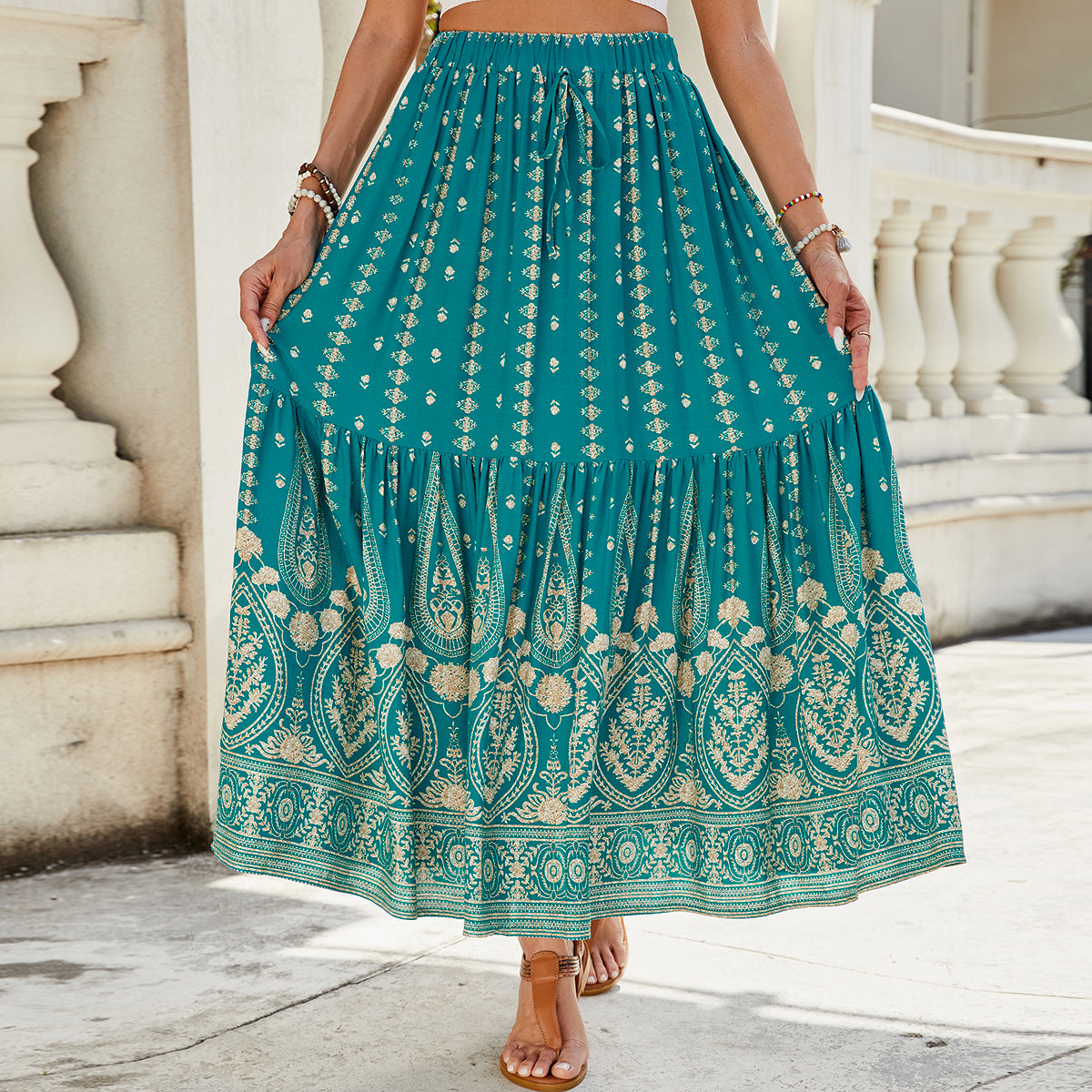 Women's Summer High Waisted Print Breasted A Line Skirt
