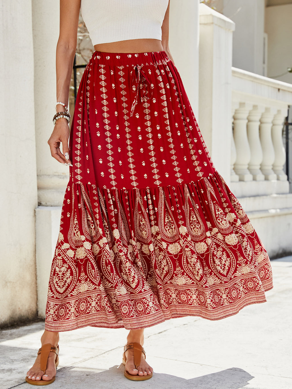 Women's Summer High Waisted Print Breasted A Line Skirt