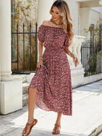 Summer Vacation Off-Shoulder Print Short-Sleeve Dress