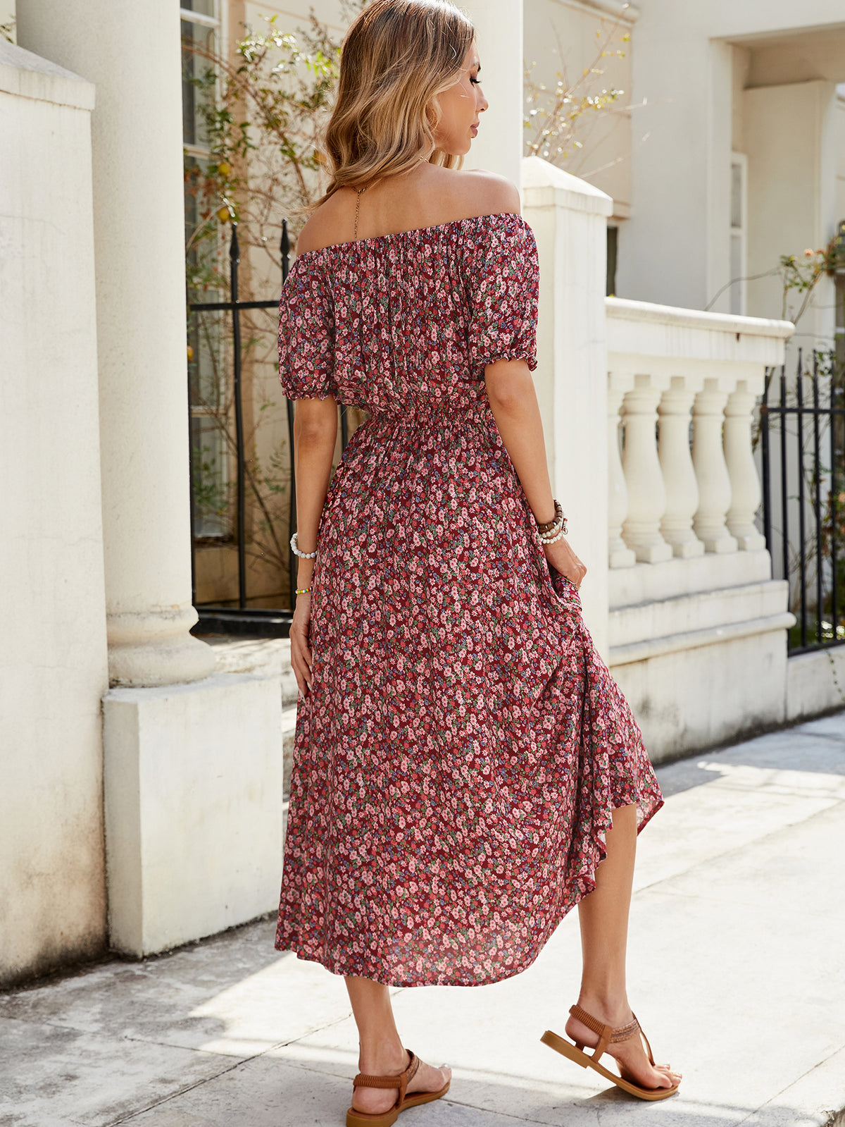 Summer Vacation Off-Shoulder Print Short-Sleeve Dress