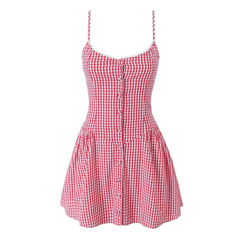 Women's Plaid Button Closure Sling Summer Slim Fit A Line Dress