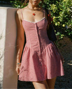 Women's Plaid Button Closure Sling Summer Slim Fit A Line Dress