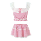 Women's French Lace Striped Short Top and Skirt Two-Piece Set