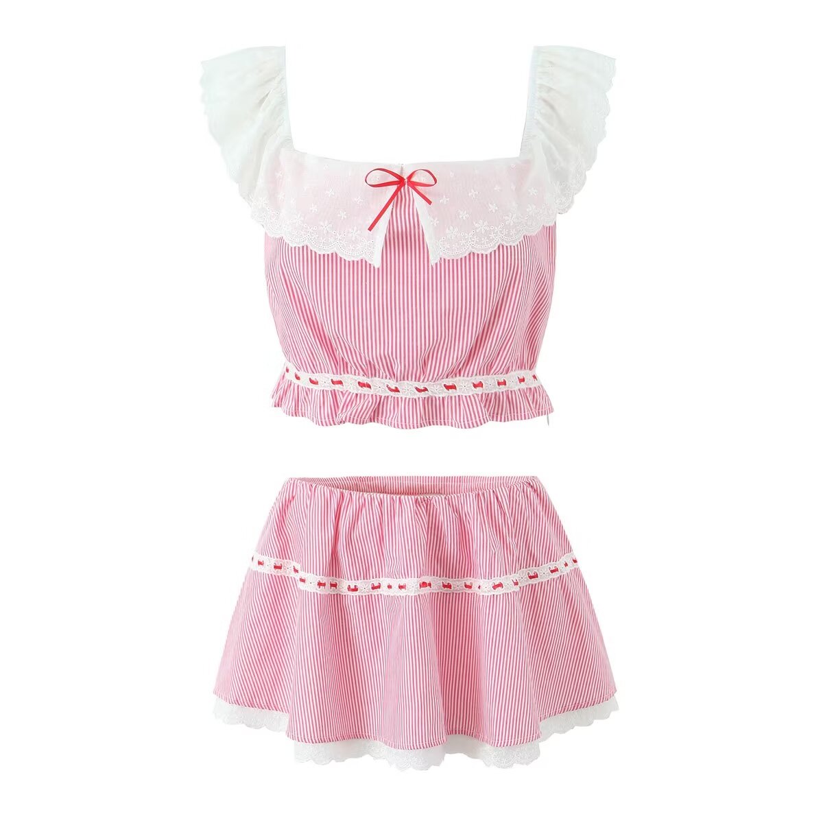 Women's French Lace Striped Short Top and Skirt Two-Piece Set