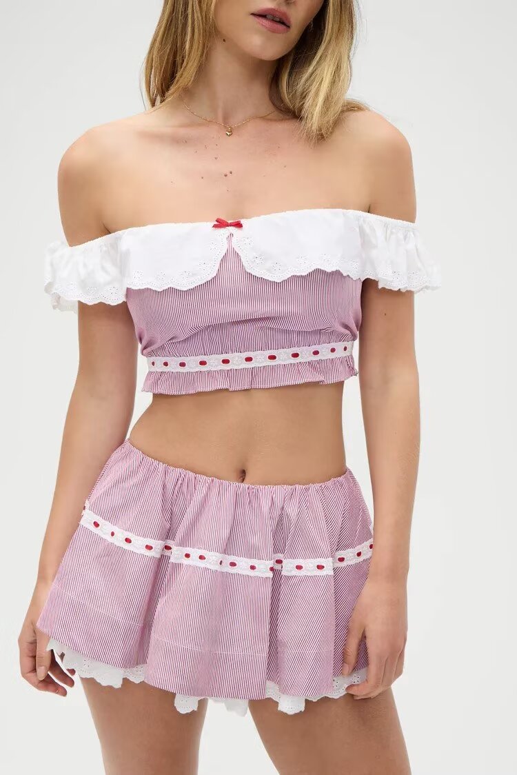 Women's French Lace Striped Short Top and Skirt Two-Piece Set