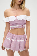 Women's French Lace Striped Short Top and Skirt Two-Piece Set