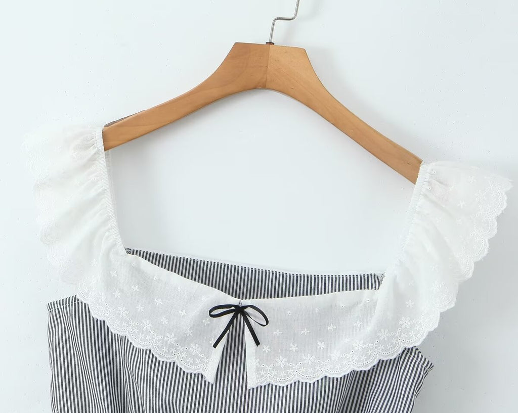 Women's French Lace Striped Short Top and Skirt Two-Piece Set