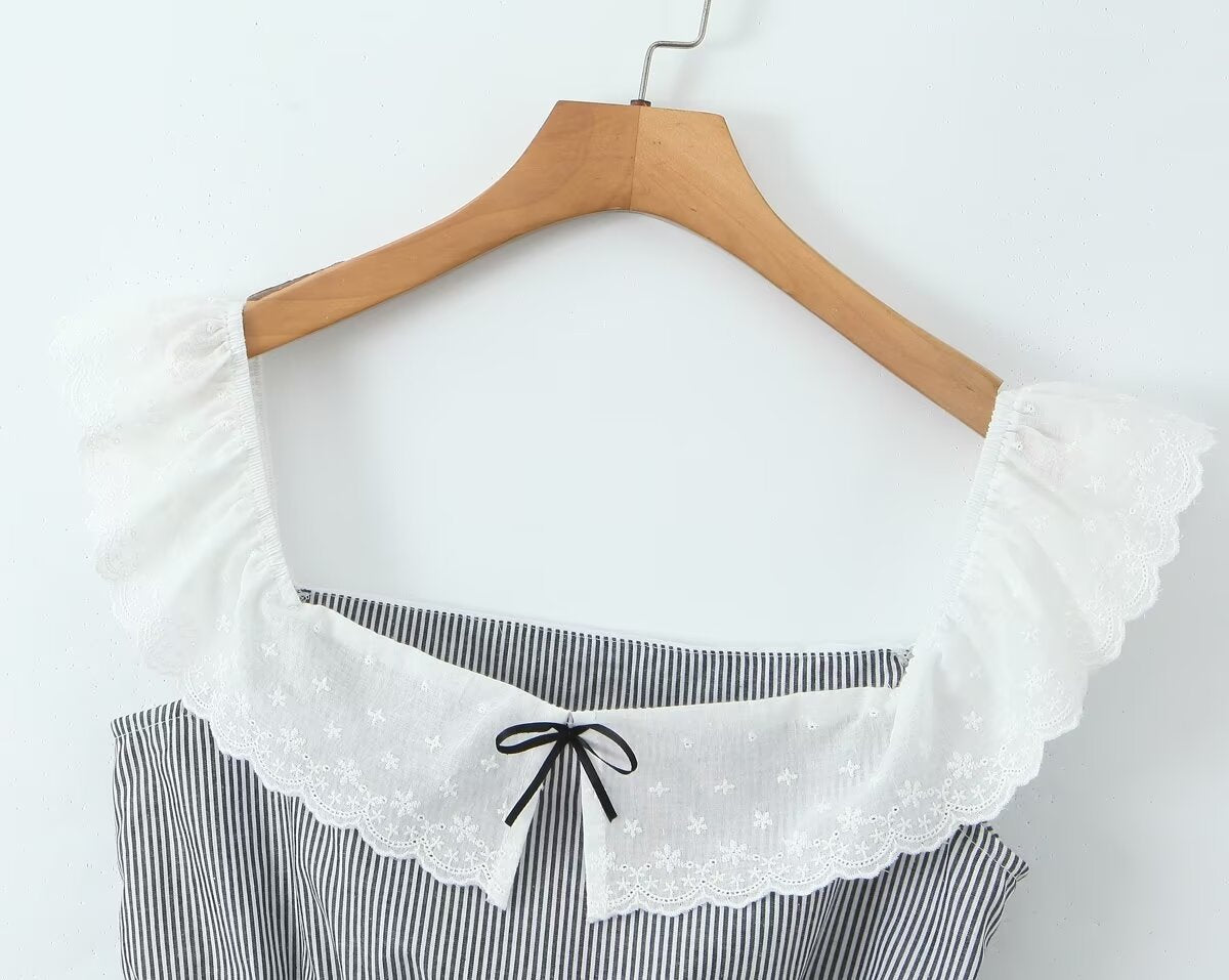 Women's French Lace Striped Short Top and Skirt Two-Piece Set